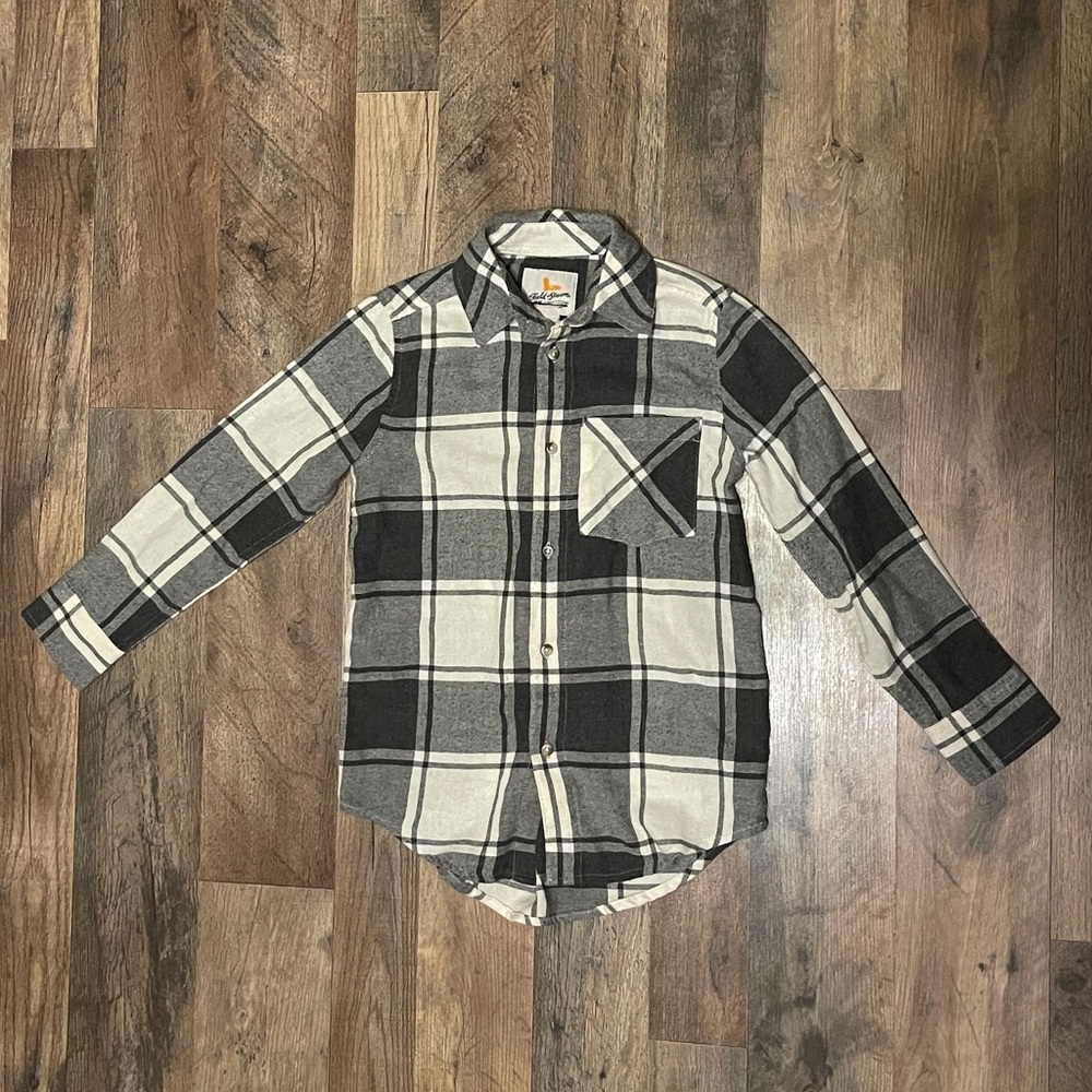 Boys Gray & Ivory Plaid Flannel Button Up Shirt